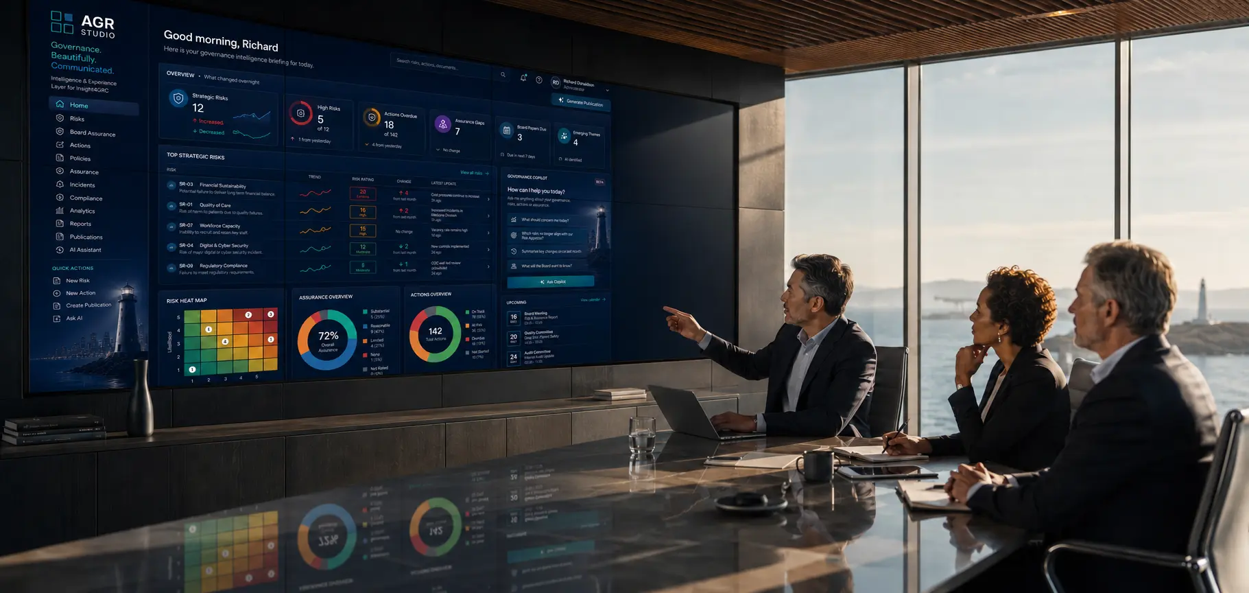 AGR Studio displaying connected risks, actions, assurance and governance intelligence to an executive team