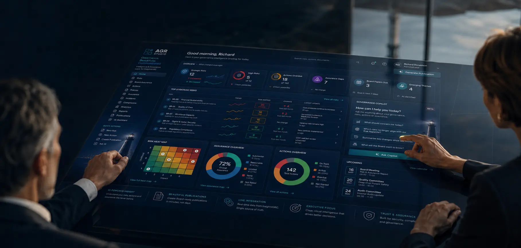 Board leaders exploring the AGR Executive Cockpit on an interactive decision surface