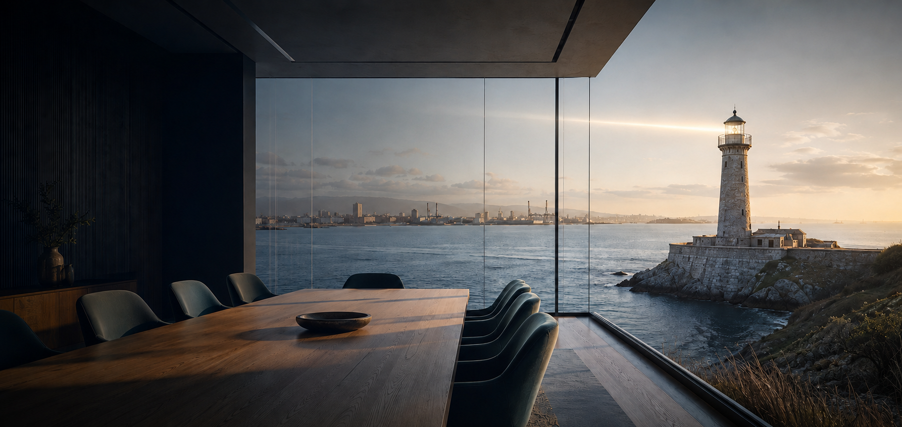 AGR’s boardroom concept overlooking the sea and lighthouse