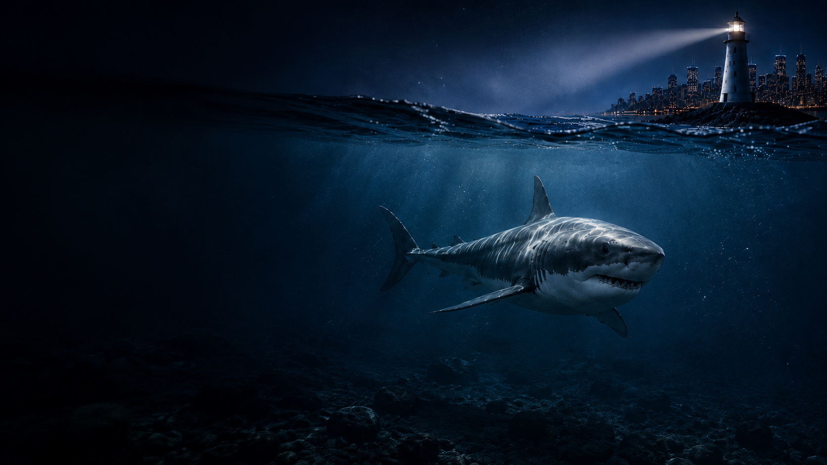 A shark beneath the surface, with a lighthouse above the water