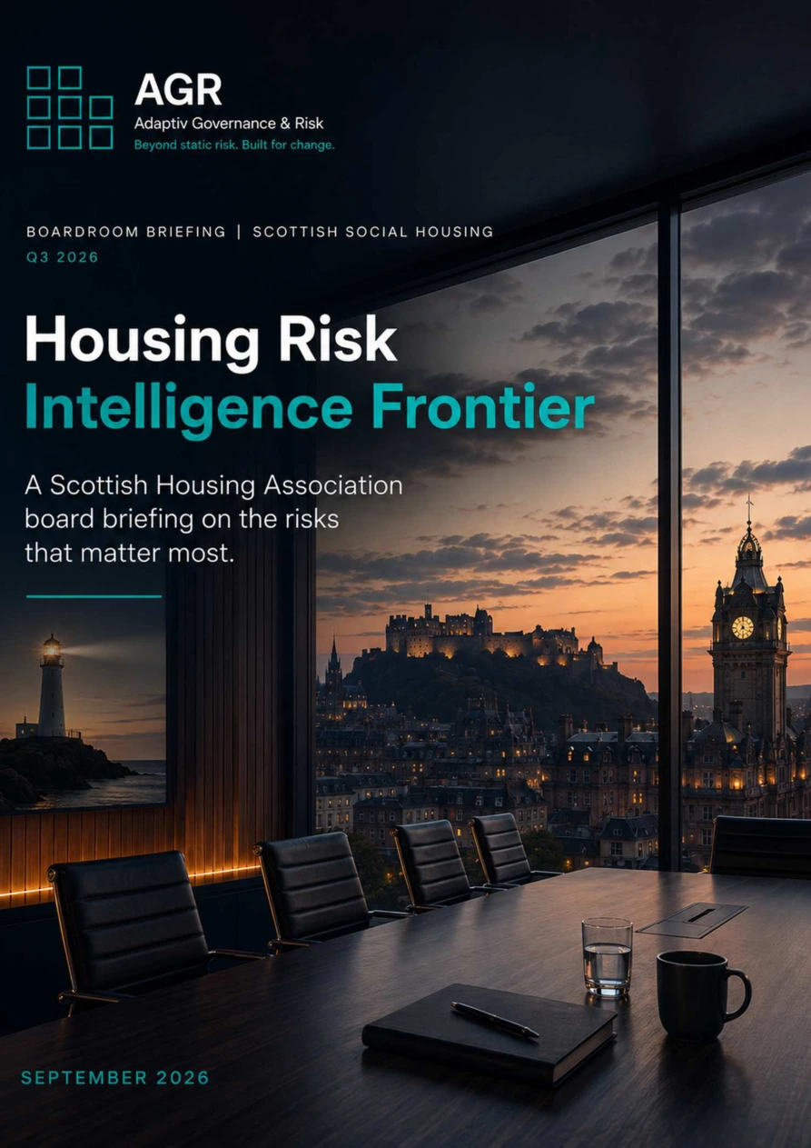 Cover of AGR Housing Risk Intelligence Frontier, a Scottish housing association board briefing, September 2026