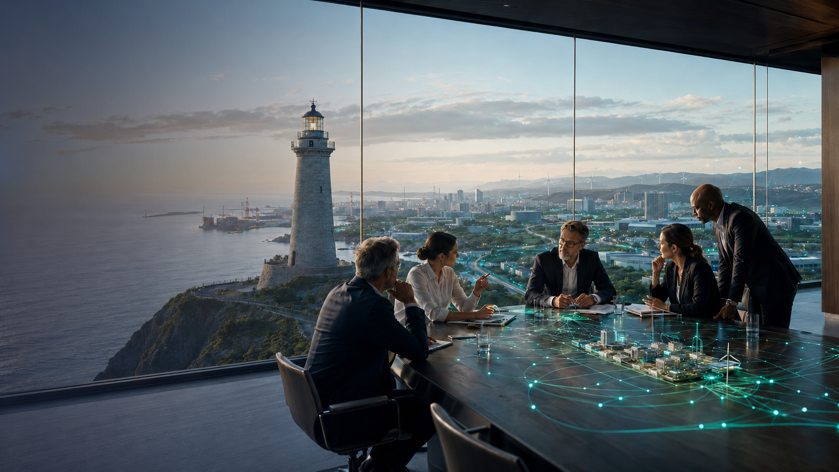 Executives using connected intelligence to guide decisions, with a lighthouse overlooking an AI-enabled coastal city