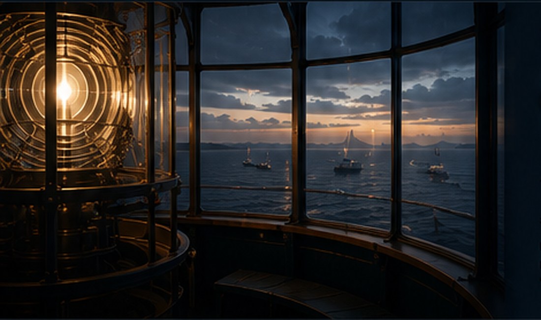 Inside a lighthouse lantern room looking across changing sea conditions