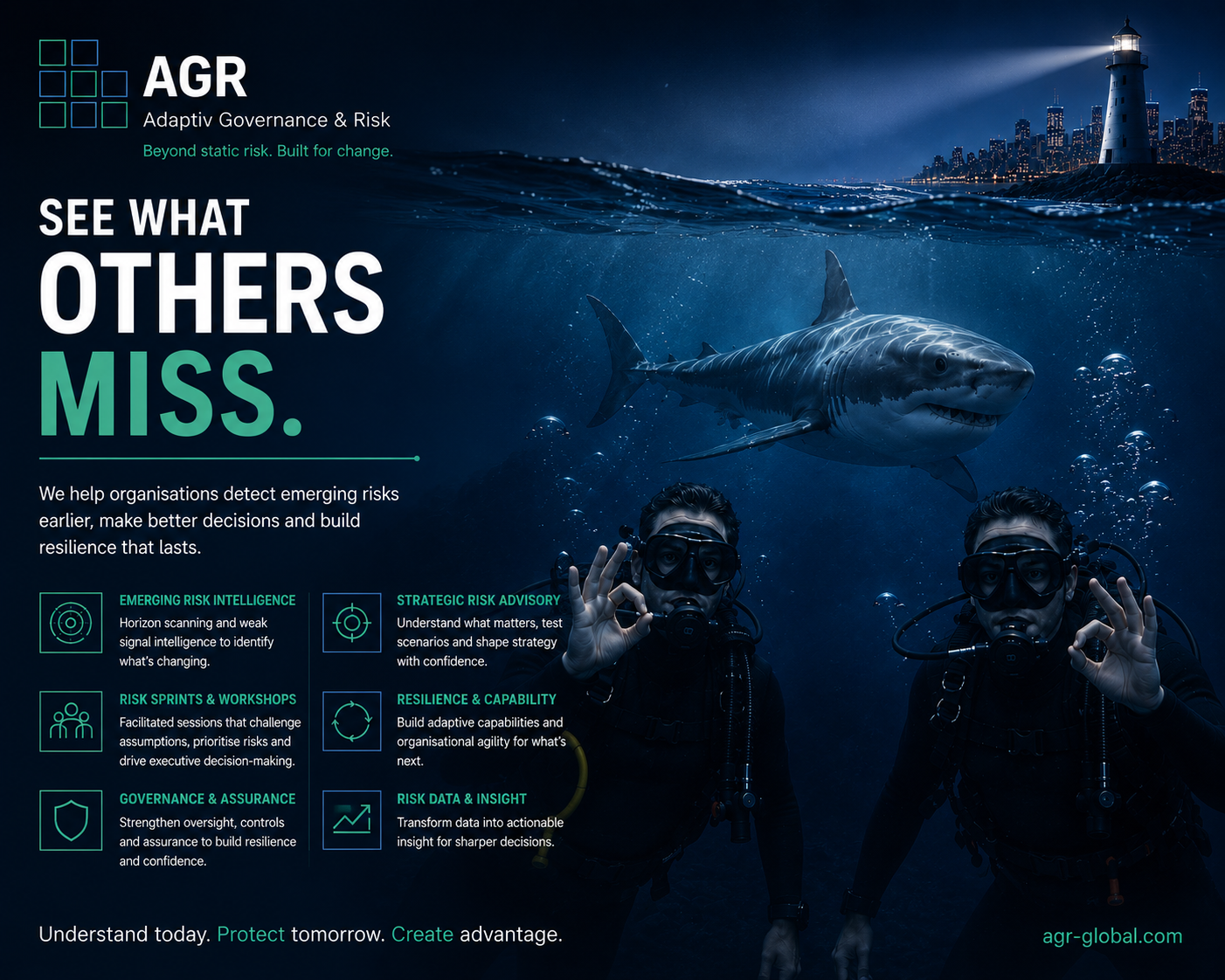 AGR See What Others Miss campaign artwork showing a lighthouse, divers and a shark beneath the surface